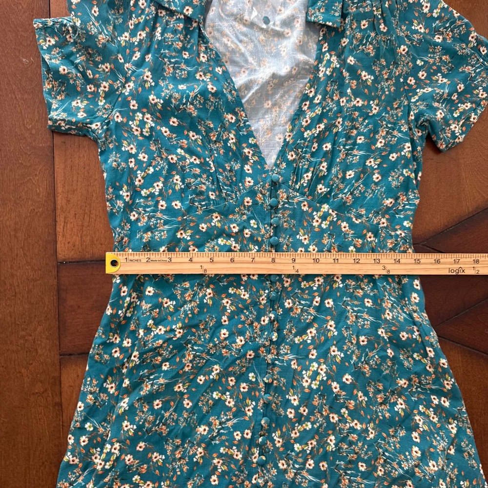 Natural Life Teal Floral Button Front Mini Dress Short Puff Sleeve XS Boho NWOT - Picture 6 of 7
